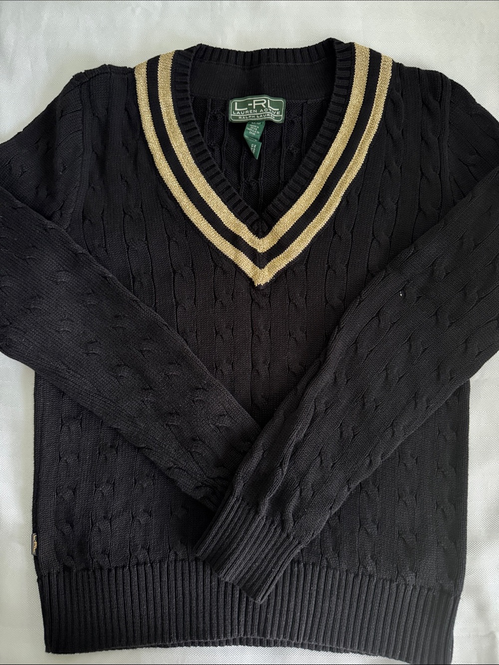 Ralph Lauren Black Cable-Knit V-Neck Sweater with Tan Stripe Collar